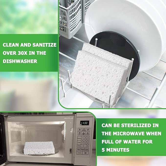 White Plant Based Kitchen Sponges, 24 Count, Dehydrate Cellulose, Natural Organic, Non-Scratch, Recycled Bio-Based, for Dishes and Countertop, Household Cleaning