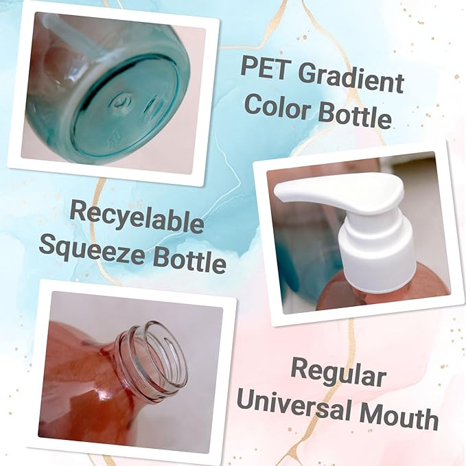 3 Pack Gradient Color Pump Dispenser Bottle, Empty Clear Plastic Soap Dispenser Refillable Pump Containers, 500ml/16.9oz