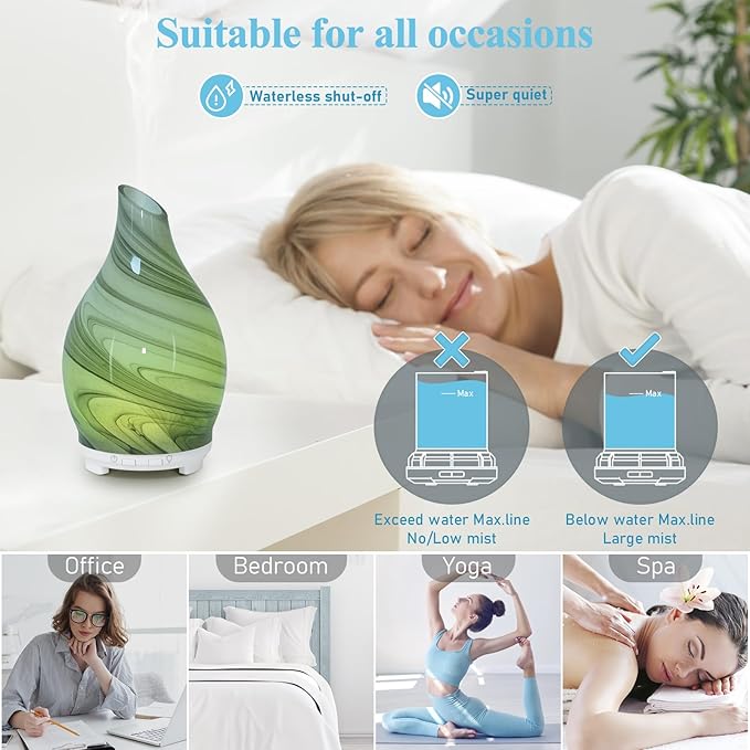 Essential Oil Diffuser 120ML Glass Ultrasonic Aromatherapy Oil Diffuser-Aroma Humidifier Glass Diffuser,7 Color Changing Light Waterless Auto-Off-Ultra-Quiet for Sleeping Yoga Home Office and Spa