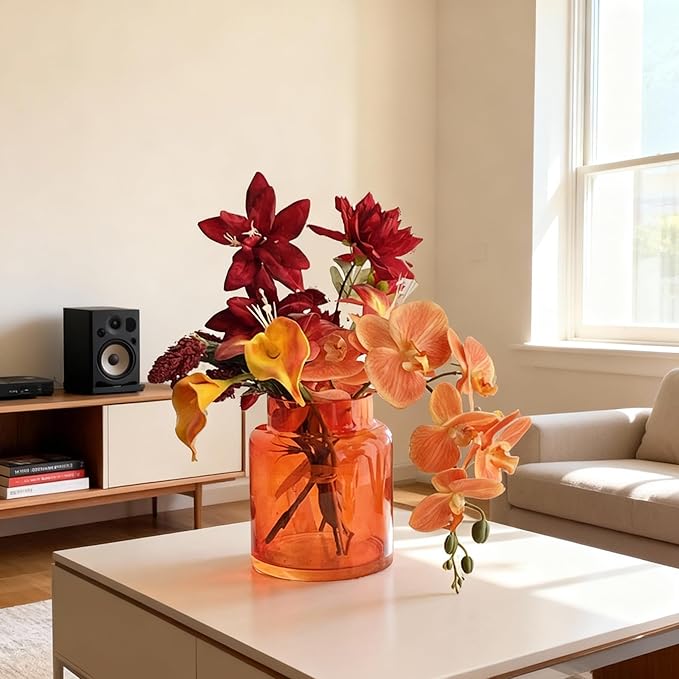 BLOFLO Orange Glass Vase, 7 Inch Large Glass Vase for Flowers, Modern Thick Glass Flower Vases for Centerpieces, Decorative Glass Cylinder Hydroponic Vase for Wedding, Home, Office (Orange, 7Inch)