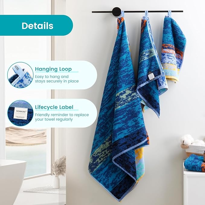 SEMAXE Bath Towel Set of 8 Include 2 Bath Towels, 2 Hand Towels, 4 Washcloths, 100% Cotton Bathroom Towels with Hanging Loops and Nano-Bio Lifecycle Labels,Colorful Towel - The Starry Night Collection
