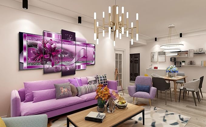 LUDUHU Purple Orchid Flowers Canvas Print - Abstract Red Floral Poster Wall Art Painting Decor for Home Decoration Artwork Picture Bedroom Purple Floral (C,Oversize 80x40inch)