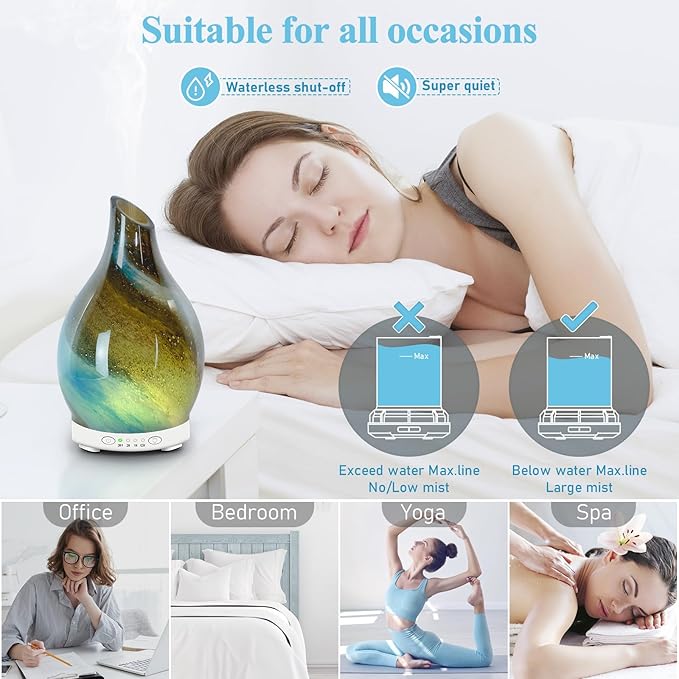 Essential Oil Diffuser 120ML, Glass Aromatherapy Diffuser with 4 Timer Settings & 7 Color Changing Lights, Waterless Auto Shut-Off, Ultra Quiet Oil Diffuser for Home, Office, Yoga, Spa and Sleeping