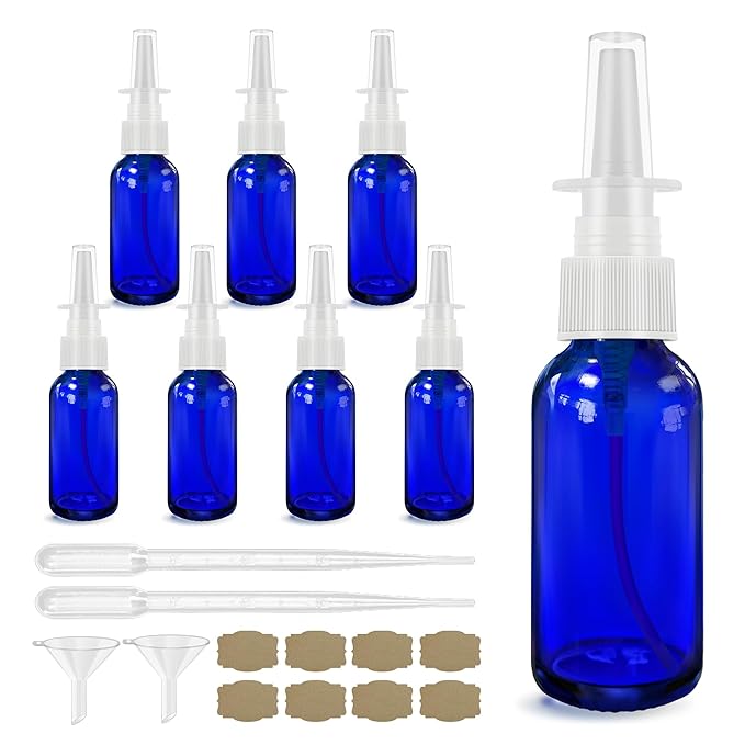 Nasal Spray Bottle 8Pcs 1oz (30ml),Empty Nose Spray Bottle,Glass Nasal Spray Bottles with Funnel, Dropper,Label,Cobalt Blue Glass Press Spray Head Refillable Portable Fine Mist Travel Bottle