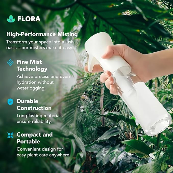 Flora Premium Plant Mister Spray Bottle Producing Gentle & Fine Mist for Precision Hydration, Dispersed Humidity & Moisture - Comes w App for Smart Plant Care (2 Packs)