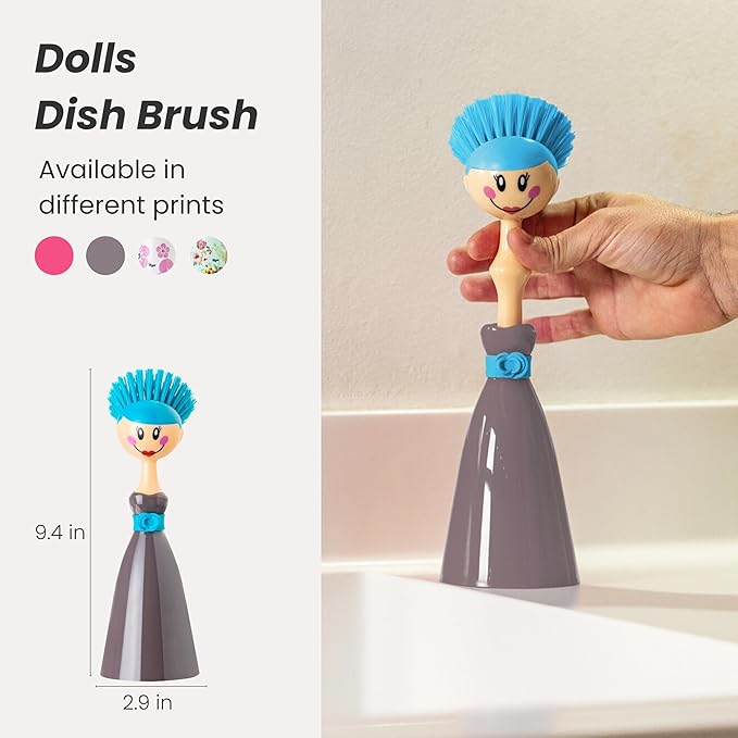 Vigar Dolls Dish Brush with Ergonomic Handle and Dress-Shaped Brush Holder, Dish Brush with Handle for Kitchen Dishes and Sink Cleaning, Gray, Blue