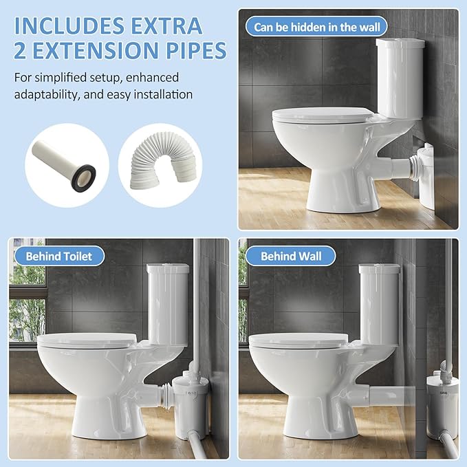 Simple Project Powerful 1000W Macerating Toilet for Basement, Upflush Toilet System with 4 Water Inlet, Dual Flush 17" Toilets with Macerator Pump, Quiet Operation, Space Saving-Include Extension Pipe