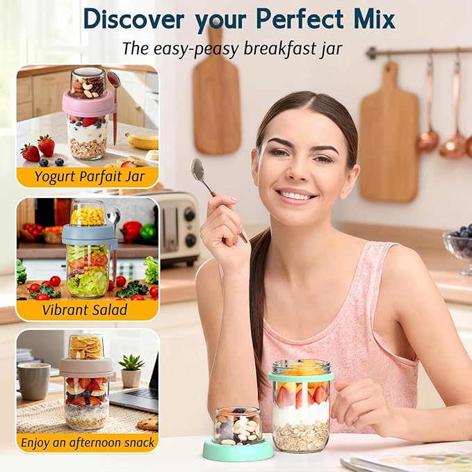 4 Pack Overnight Oats Containers with Lids, 20 oz (16+4) Dual-Layer Mason Jars Yogurt Parfait Cups with Lids, Leak-proof Meal Prep Containers Dry and Wet Separation for Overnight Oats, Salad, Yogurt