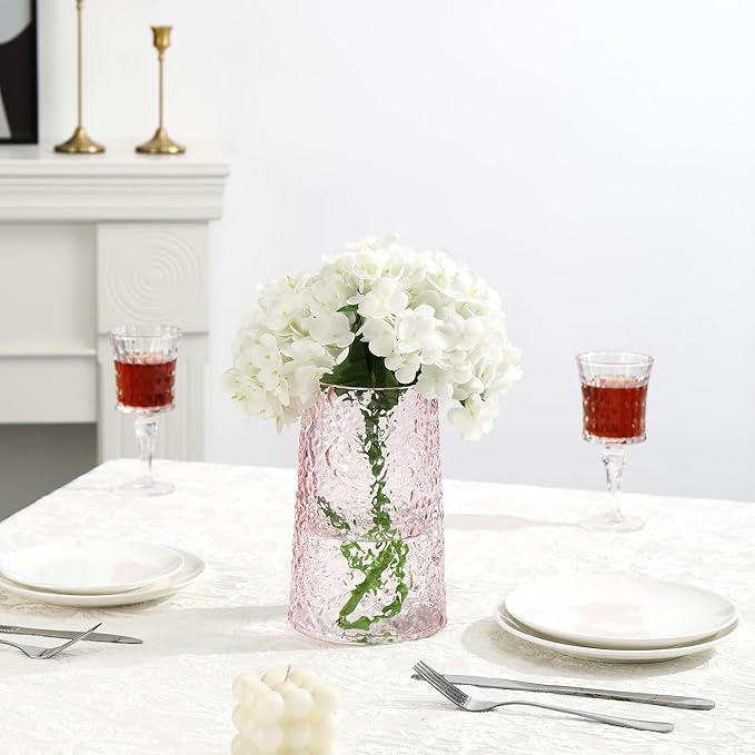 Pink Glass Vase, Flower Vases for Bouquet, Modern Glass Vase for Flowers, Large Vases for Living Room, Bedroom, Kitchen, Office, Wedding, Dining Table, 8 Inches