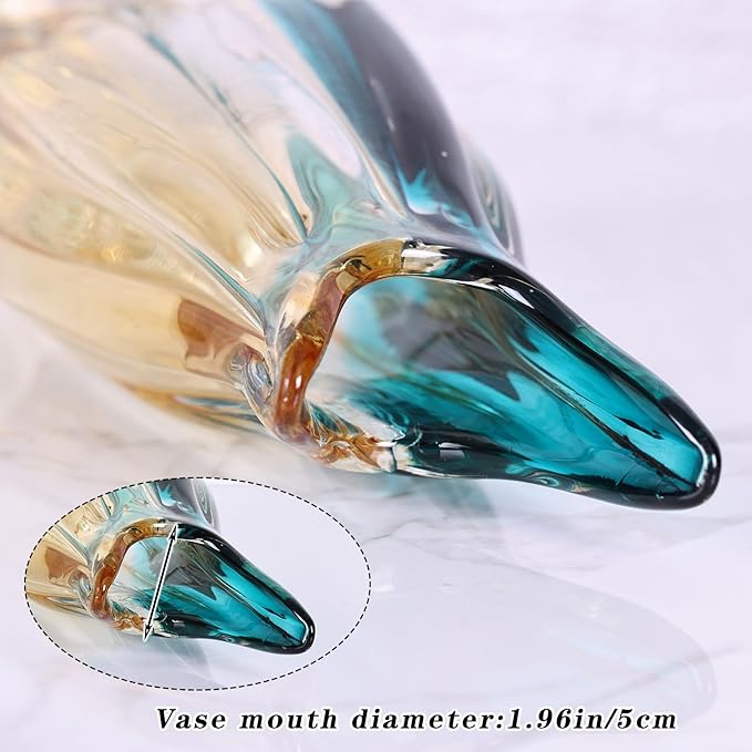 orenm Hand Blown Glass Vase,Unique Wide Glass vase,Modern Colorful Turquoise Glass Art Decor,Amber and Teal Vases for Office,Living Room,Dining Table Table Centerpieces Decorative (Horn-M)