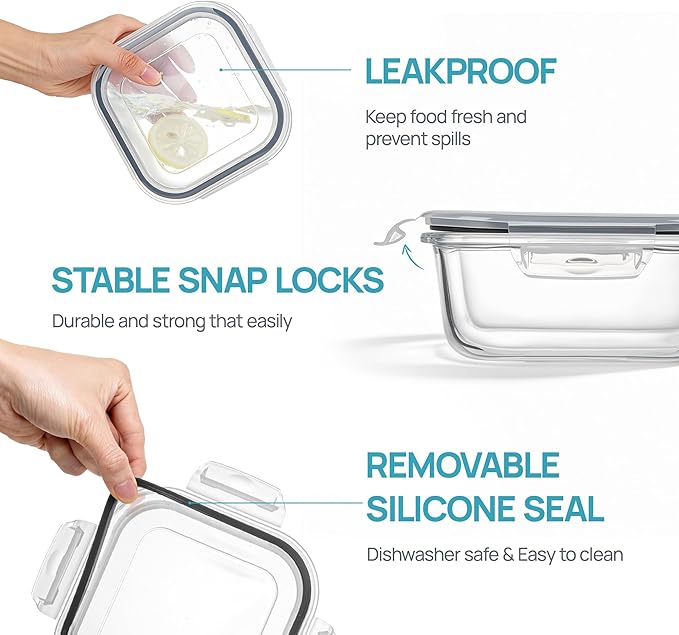 Vtopmart 5Pack 27oz Glass Storage Containers with Lids, Glass Meal Prep Food Container Sets, Sandwich Containers with Snap Airtight Lids for Microwave, Oven, Freezer and Dishwasher, Grey