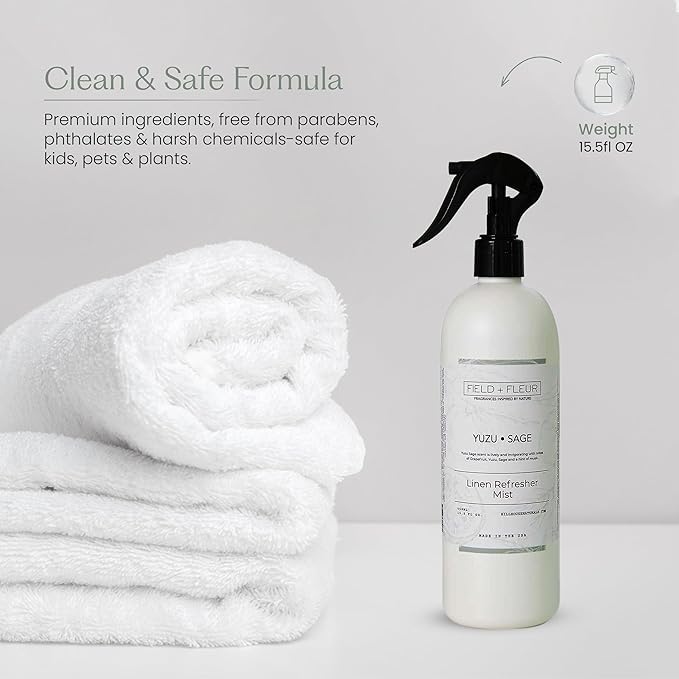 FIELD FLEUR Yuzu Sage Linen & Room Spray 15.5 oz - Aromatic & Refreshing Bedding & Fabric Mist - Air Freshener for Clothes & Sofas - Notes of Yuzu, Mandarin, Sage & Eucalyptus - Made in USA