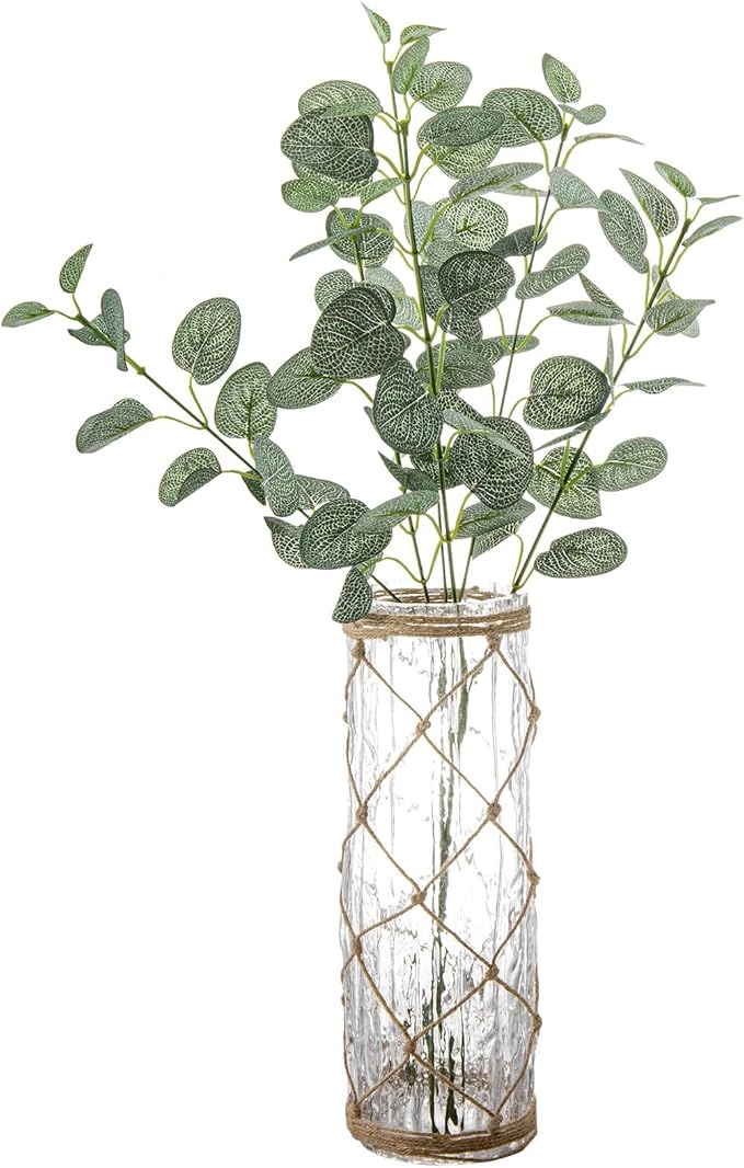MyGift Rustic Clear Glass Vase with Hand-Woven Hemp Rope Wrap – Decorative Tabletop Flower Vase for Farmhouse, Boho, or Coastal Home Decor