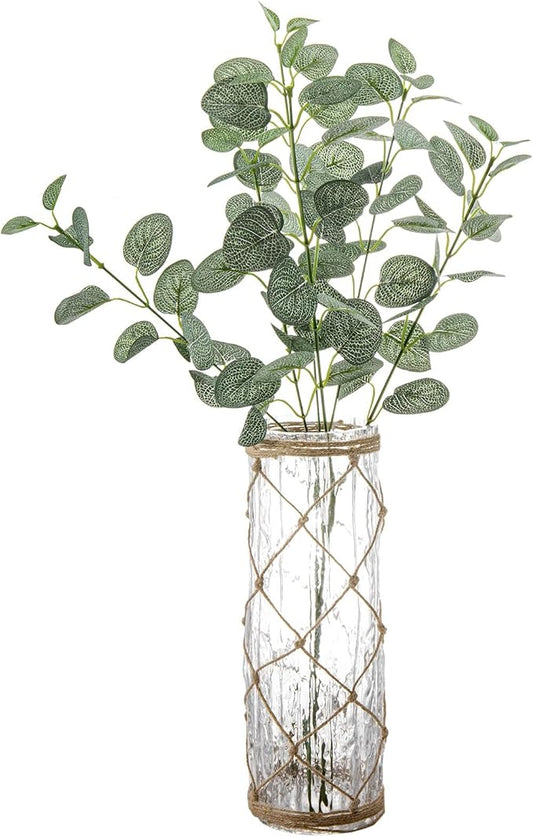 MyGift Rustic Clear Glass Vase with Hand-Woven Hemp Rope Wrap – Decorative Tabletop Flower Vase for Farmhouse, Boho, or Coastal Home Decor