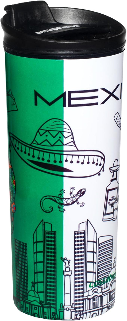 Mexico Vacuum Insulated Stainless Steel Thermal Travel Mug, 16 oz, Easy Clean, Flip leak Proof Lid Mexican Flag with Icons from Mexico…