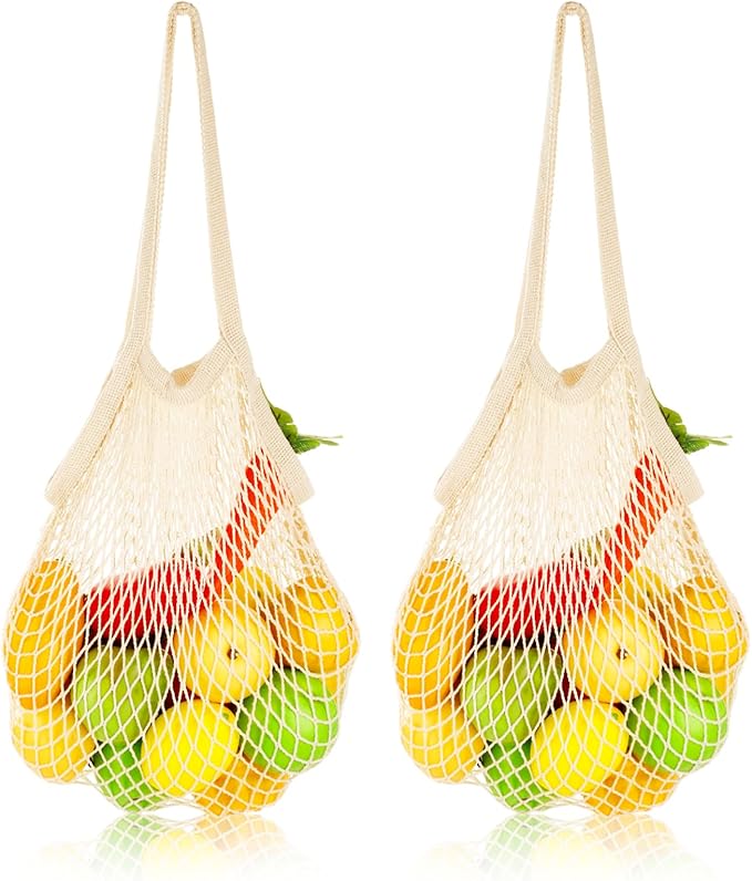 2 Pack Reusable Mesh Grocery Bags, String Bags Cotton Net Tote Produce Bag Washable Long Handle Farmers Market Bag Portable Fruit and Vegetable Bags, Beige