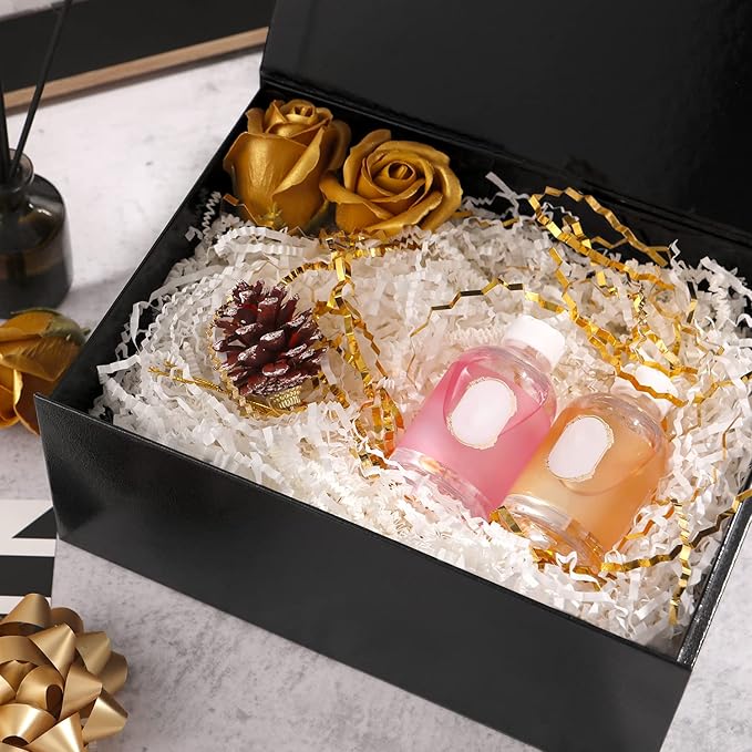 BLK&WH 6 Gift Boxes 9x6.5x3.8 Inches, Black Gift Boxes, Gift Boxes with Lids, Collapsible Gift Boxes for Gift Packaging (Glossy Black with Grass Texture)