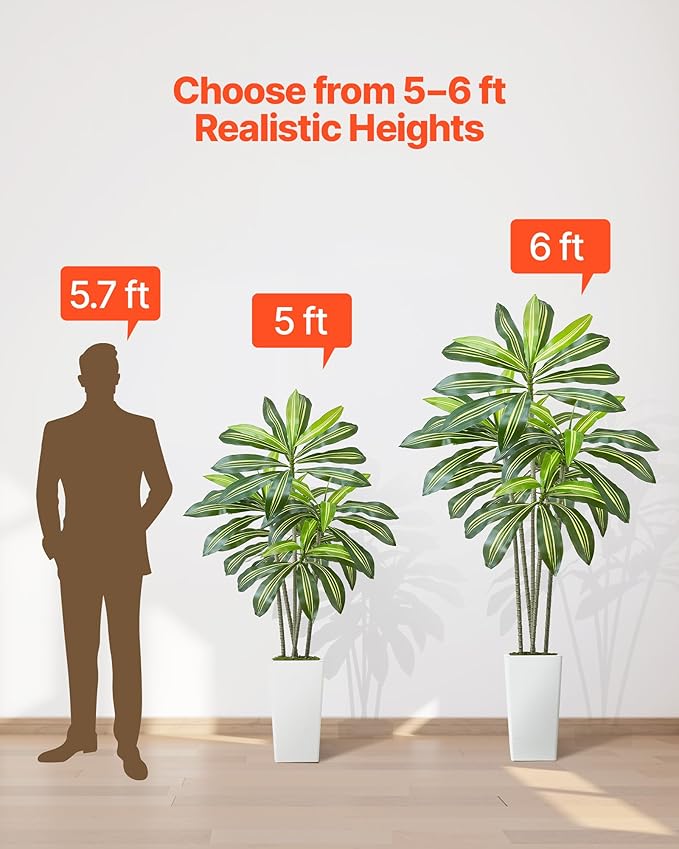 VEVOR Artificial Dracaena Tree 6 ft, Fake Palm Tropical Plants with White Tall Planter, Faux Floor Silk Plant in Pot, Large Trees for Home Office Living Room Decor House Warming, Indoor Outdoor