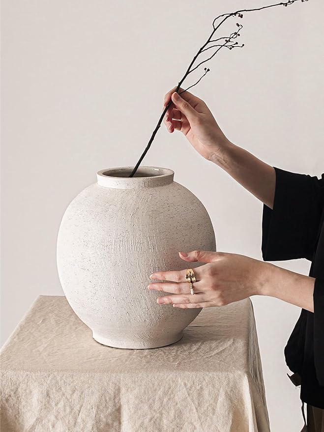 Ceramic Rustic Vase, 10.8 Inch Farmhouse Minimalist Tall Flower Vase for Table, Living Room, Home Decor, Bathroom, Holiday, Wedding, Set of 1, Sandstone White