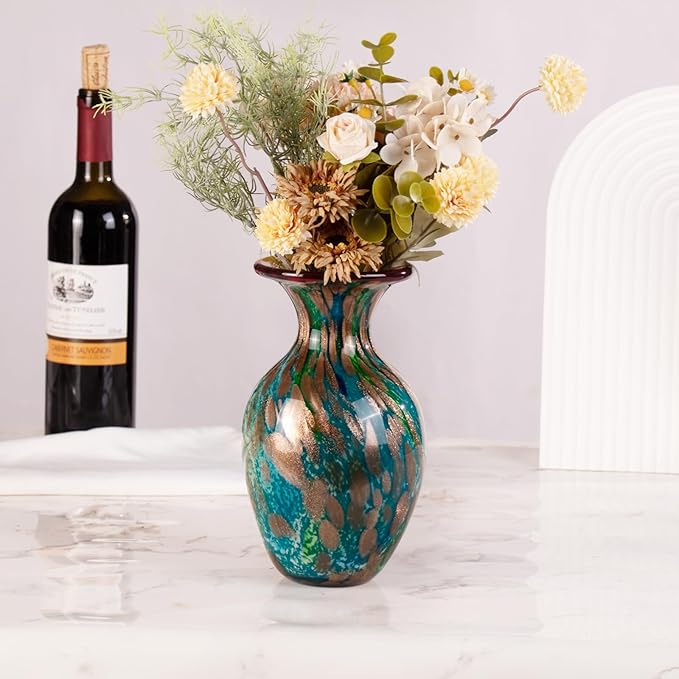 KAMMAK Colored Glass Vase, Beautiful Hand Blown Decorative Vase, Modern Art Vase for Flower Mantle Dining Table Centerpiece, Entryway Living Room Wedding Decoration, FH002