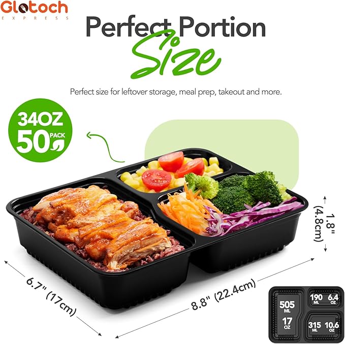 Glotoch 50 Pack (100-Piece) 34oz Meal Prep Containers Reusable with Lids 3-Compartment Containers Microwave, Freezer, Dishwasher Safe - Leakproof Durable To Go Take Out Plastic Food Storage