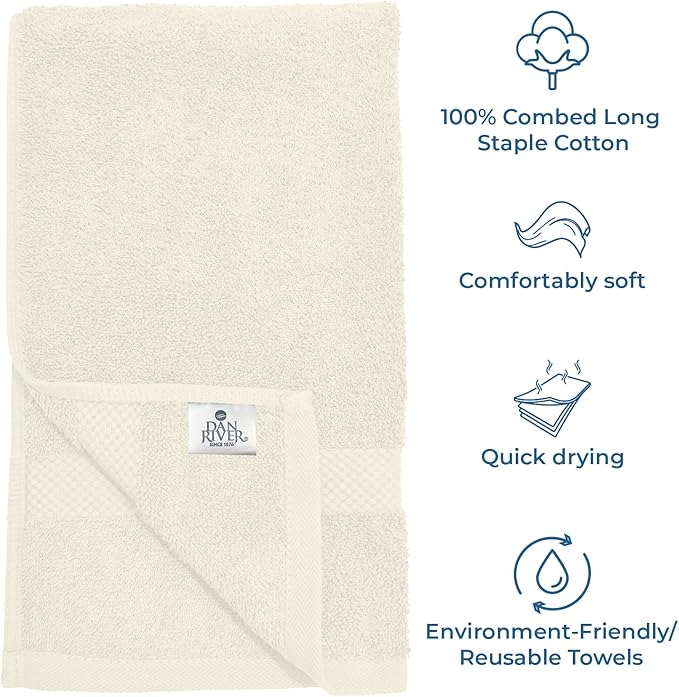 DAN RIVER 6-Pack Premium Hand Towels (16x28 Inches) - 100% Cotton, Ultra Soft, Lightweight, Highly Absorbent Towels for Bathroom, Spa, Gym, Salon, Hotel, and Travel - 550 GSM – Ivory
