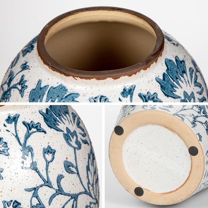 Ceramic Vintage Flower Vase, 9.8 Inch White and Blue Rustic Vases for Home Decor, Handcrafted Farmhouse Tall Vases for Living Room, Table, Bathroom, Chinoiserie Decoration