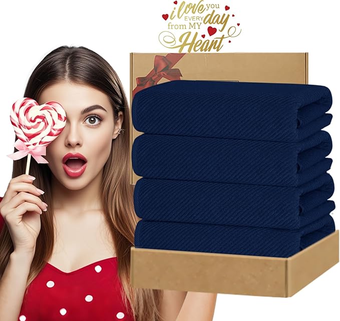 VOOVA & MOVAS Bath Towels, Large 30" x 56" - 100% Cotton | Quick Dry | Light Weight | Thick | Soft | Absorbent, 4PC Luxury Shower Towel Set for Bathroom, Towel Gift Set, Navy Blue