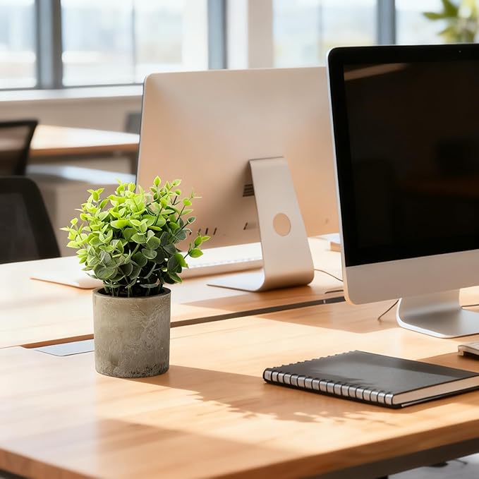 Artificial Potted Plants Faux Greenery in Cement Pots for Shelf, Bookshelf, Office or Home Decor, Small Decorative Fake Plants for Modern Indoor Display (7, XXL)