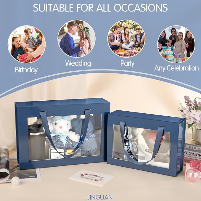 Large Navy Blue Clear Gift Boxes, 13.5x9x4.1 Inches, 5 Pack with Windows by Handles, Magnetic Closure, Suitable for Various Occasions