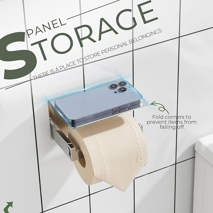 KOKOSIRI Toilet Paper Holder with Shelf Chrome Bathroom Toilet Roll Holder for Restroom T-304 Stainless Steel Wall Mounted, Polished Finish, B2010CH