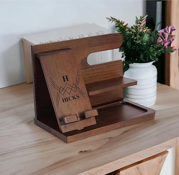 Bedside Organiser Wood Phone Docking Station Key Holder Wallet Stand Watch Organizer Valentines Gifts for Him Wooden Organiser