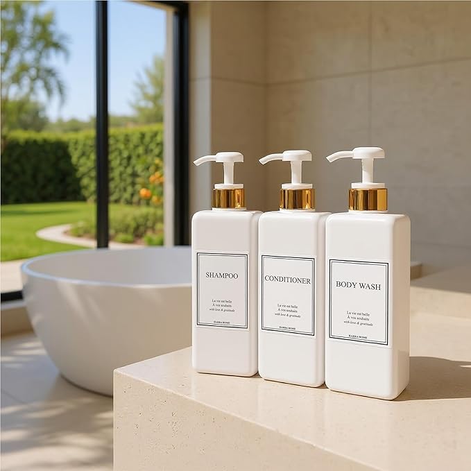 Modern Gold Design Large 27 oz Shampoo and Conditioner Dispensers - Empty Plastic Refillable Pump Bottle Set for Bathroom Shower Soap Dispenser, Gift Box Included, Set of 3 (White)