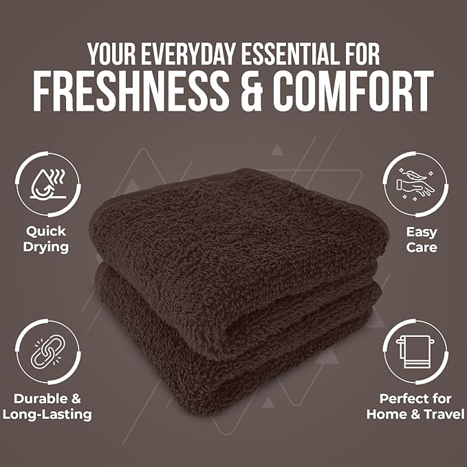 DAN RIVER 100% Cotton Wash Cloths 24 Pack [12x12] Soft & Absorbent Soft washcloths, Gym, Hotels & Spa Perfect for Everyday Use Fingertip Towels, Brown