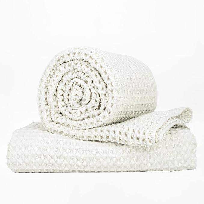 Luxury Japanese Cotton Waffle Bath Towel | Plush, Absorbent, and Quick Dry | Free Storage Bag Included (Shell White, Bath Towel (Set of 2))