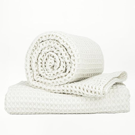 Luxury Japanese Cotton Waffle Bath Towel | Plush, Absorbent, and Quick Dry | Free Storage Bag Included (Shell White, Bath Sheet (2 Pack))
