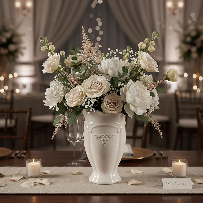 hjn White Ceramic Vase- French Flower Vase for Decor Small Vintage Vases for Flowers/Home Decoration/Kitchen/Table/Living Room/Shelf/Mantel/Office-Height-6.8"