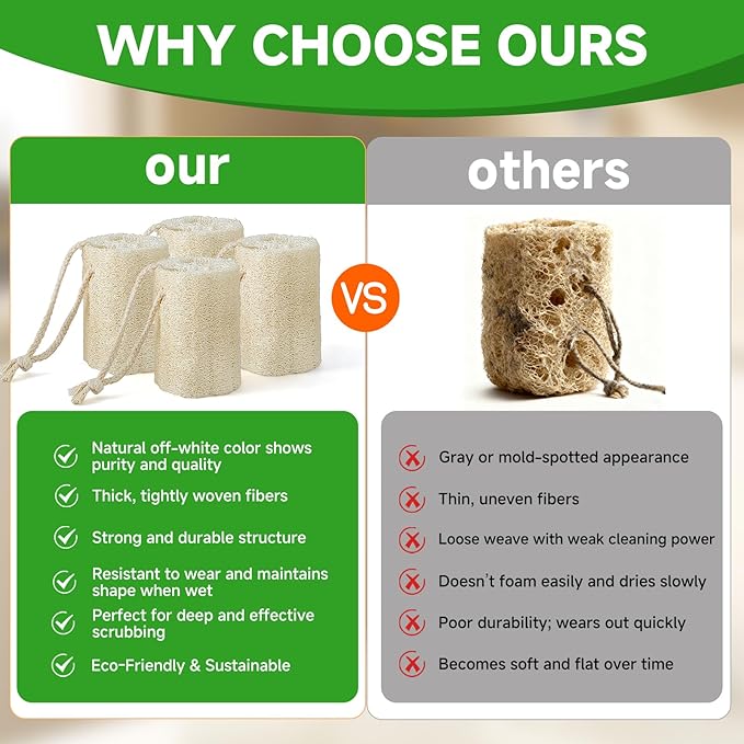 Natural & Biodegradable Loofah Bath Sponge - Deep Exfoliation for Soft Skin, Eco-Friendly Body Scrubber,Shower Loofah Exfoliator & Multipurpose Cleaner (Pack of 4)