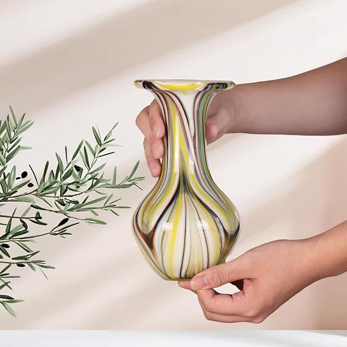 KAMMAK Colored Glass Vase, Beautiful Hand Blown Decorative Vase, Modern Art Vase for Flower Mantle Dining Table Centerpiece, Entryway Living Room Wedding Decoration, FH015