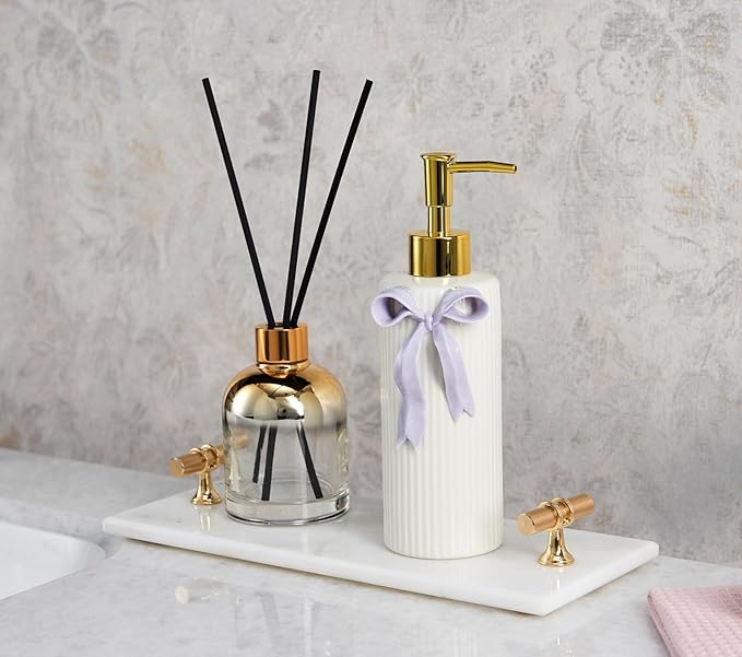 Handmade Ceramic Bow Soap Pump Dispenser Hand Lotion Liquid Dispenser Refillable for Kitchen and Bathroom Decorative (Ribbon Lavender)