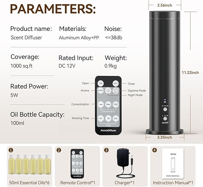 Waterless Diffuser Bluetooth Oil Diffuser Corded Essential Oil Diffuser for Home,Office,Hotel - Scent Diffuser Kit with 300ml Fragrance Included,Remote Controlled,Black