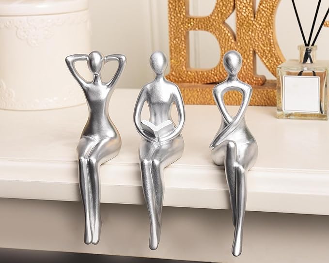 Quoowiit Thinker Statue Office Desk Decor, Silver Art Sculpture Ornament Coffee Table Bookshelf Decor Modern Home Unique Home Decorations for Living Room 3 Piece