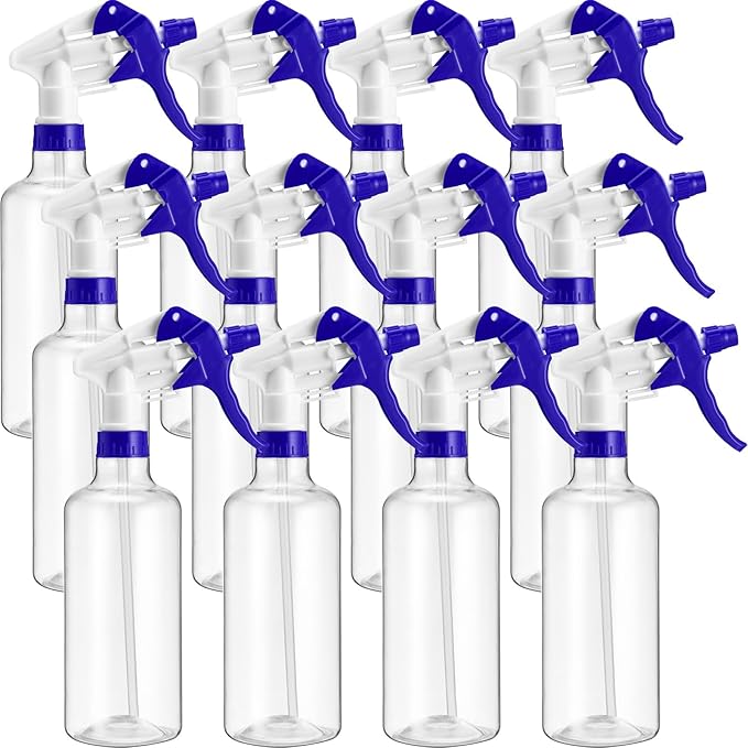 Eccliy 12 Pcs 16 Oz Plastic Spray Bottle, Adjustable Empty Reusable Sprayer for Cleaning, Planting, Water, Bathroom and Kitchen, BBQ, Commercial and Residential(Blue,Clear)