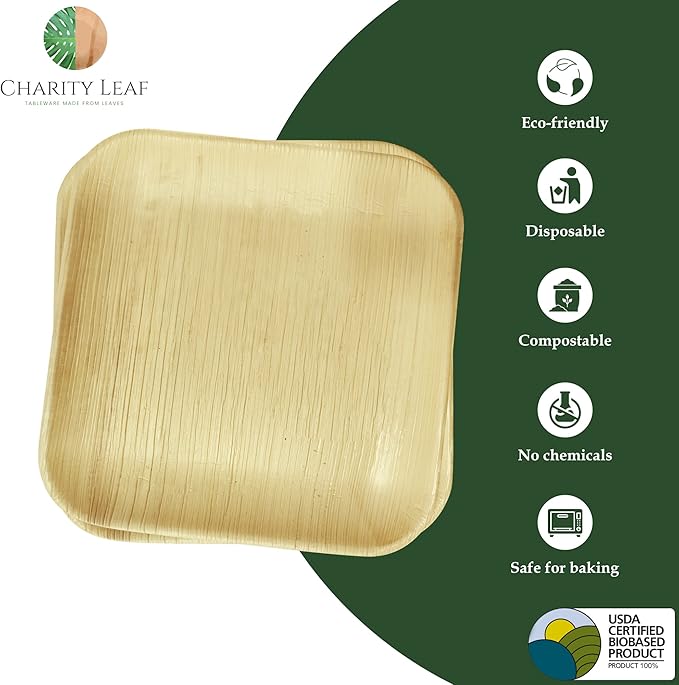 Charity Leaf Disposable Palm Leaf 9" Square Plates (50 pieces) Bamboo Like Serving Platters, Disposable Boards, Eco-Friendly Dinnerware For Weddings, Catering, Events