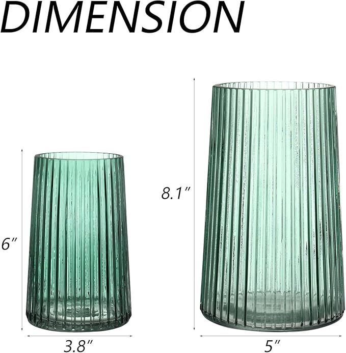 Ribbed Flower Vases Set of 2, Green Vases for Flowers, Flower Vase for Bouquet, Modern Ribbed Glass Vase for Living Room, Bedroom, Dining Table, Office, Wedding, Centerpieces