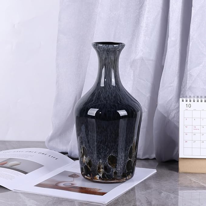 12.2" Tall Hand Blown Glass Vase – Pretty Grey Decorative Flower Vase, Modern Vintage Fusion Home Decor, Colorful Murano Glass Vases for Table Centerpieces, Living Room, Bathroom, Entry Table