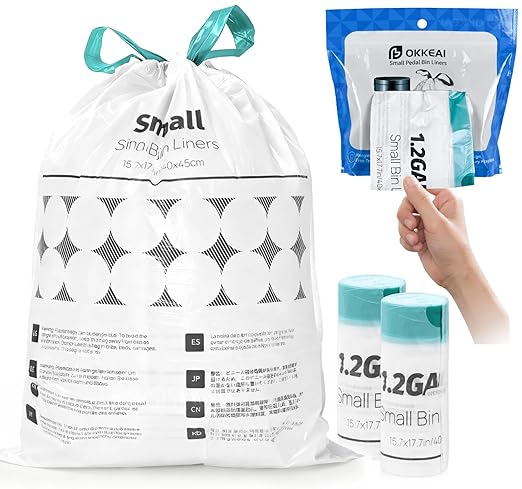 OKKEAI 1.2 Gallon Mini Trash Bags, Small Drawstring Bathroom Garbage Bags 5L – Leak-Proof Tear-Resistant Wastebasket Liners for Bathroom, Office 70 Count