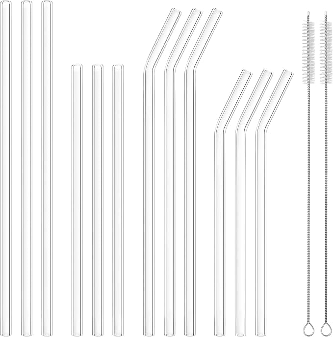 12 Pcs Reusable Glass Straws - Size 10.5"x8mm,8.5"x8mm,Including 6 Straight and 6 Bent Clear Glass Straws with 2 Cleaning Brush for for Smoothies, Coffee, Juice, Sodas, Cocktails