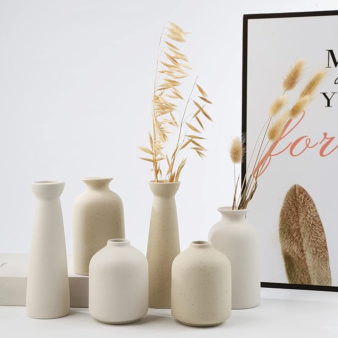 Ceramic Vase,Small Vases for Decor,Set 3 Modern Boho Vases for Flower Pampas,Fit for Living Room Desk Shelf Decor (Beige)