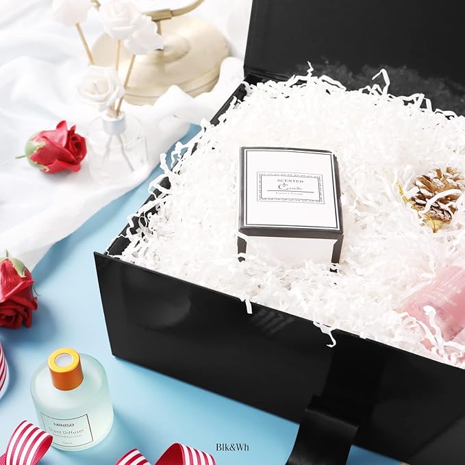 BLK&WH 6 Large Gift Boxes with Ribbon 13.5x9x4.1 Inches, Black Gift Boxes with Lids Large, Groomsmen Boxes, Luxury Magnetic Boxes for Presents (Glossy Black)
